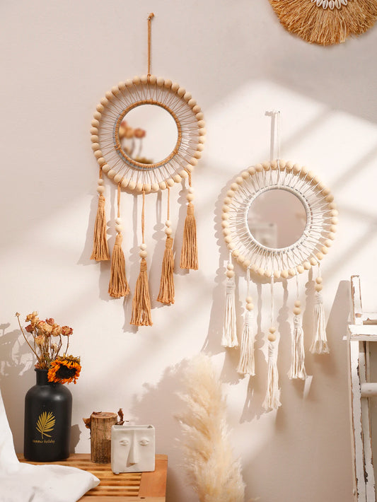 Macrame Wall Mirror - Boho Wooden Beads Decorative Mirror