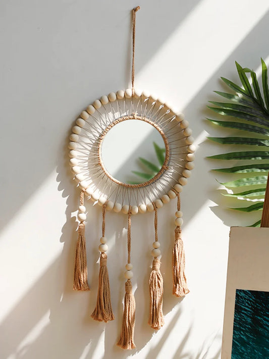 Macrame Wall Mirror - Boho Wooden Beads Decorative Mirror